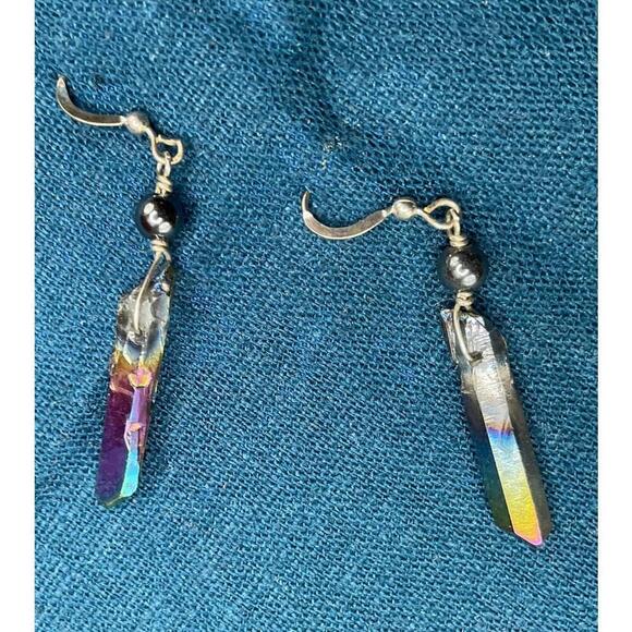 Titanium Aura Quartz rainbow irridescent hematite drop earrings - Picture 3 of 7